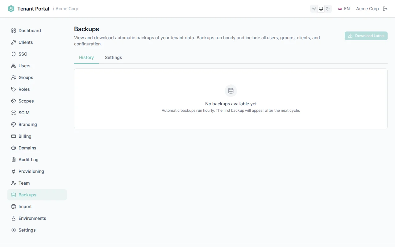 Backups page showing backup history with timestamps, types, and entity counts