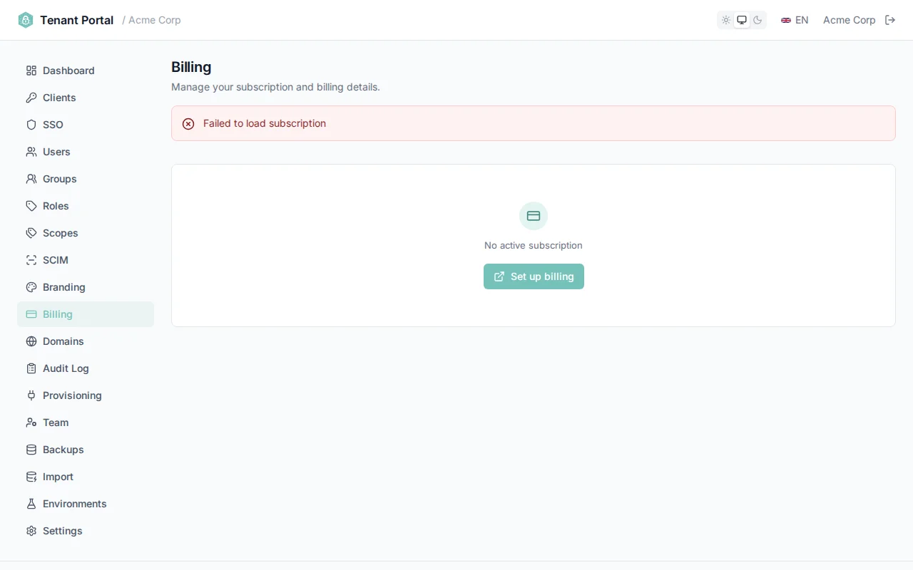 Billing page showing subscription status, plan name, billing period, and Manage Subscription button