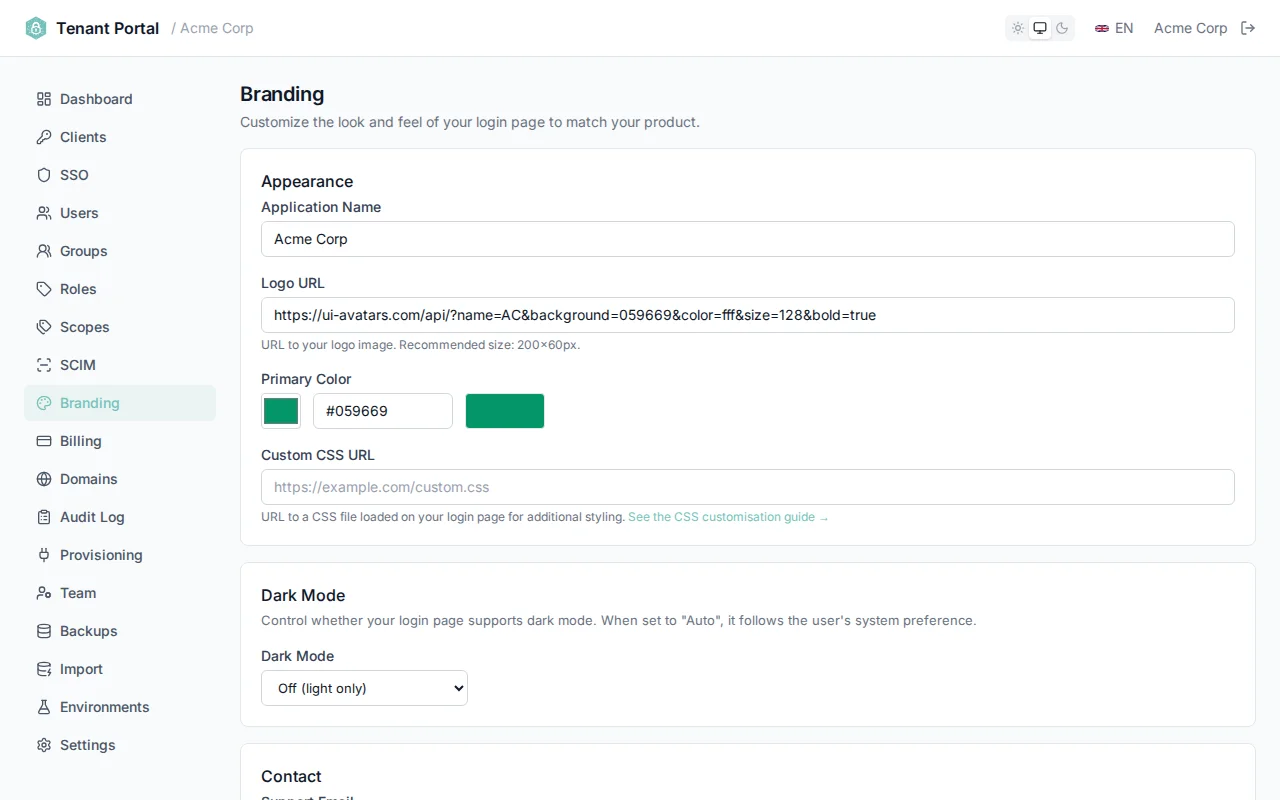 Branding appearance settings with app name input, logo URL field, color picker with hex input, and custom CSS URL field