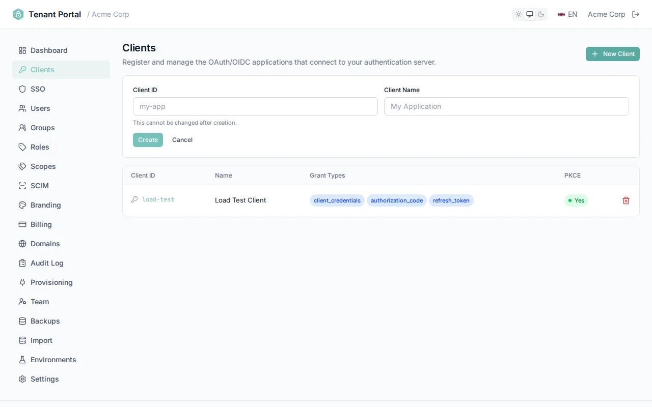 Client creation form with clientId, clientName, and redirect URI fields