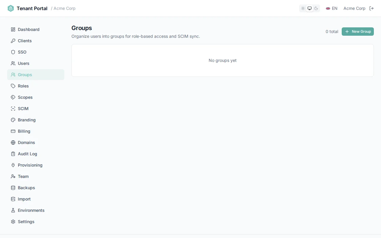 Groups list table showing group name, member count, source badge, and created date