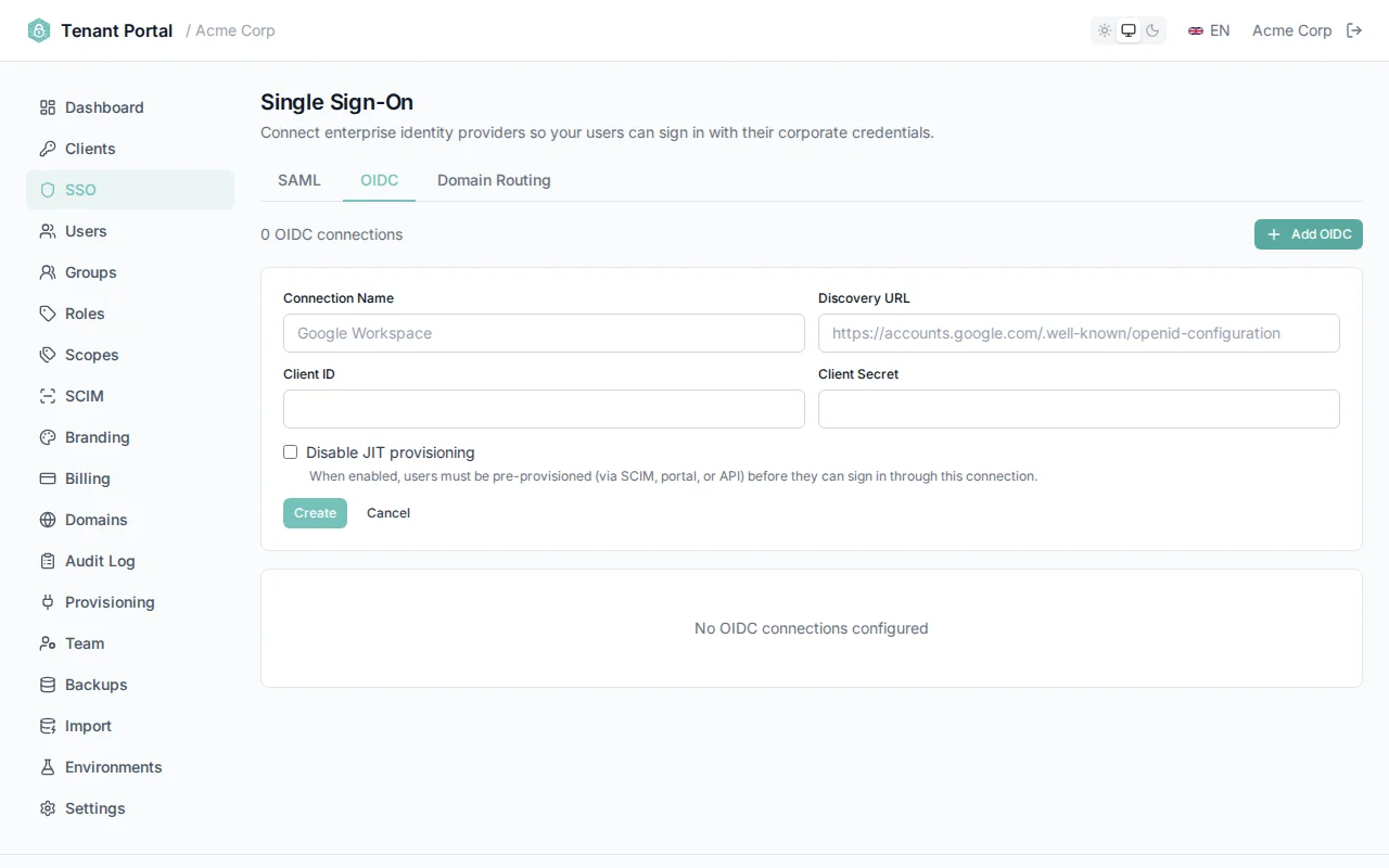 OIDC connection creation form with fields for connection name, discovery URL, client ID, and client secret