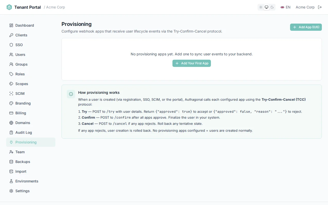 Provisioning apps page showing configured apps with test results displaying HTTP status and response body