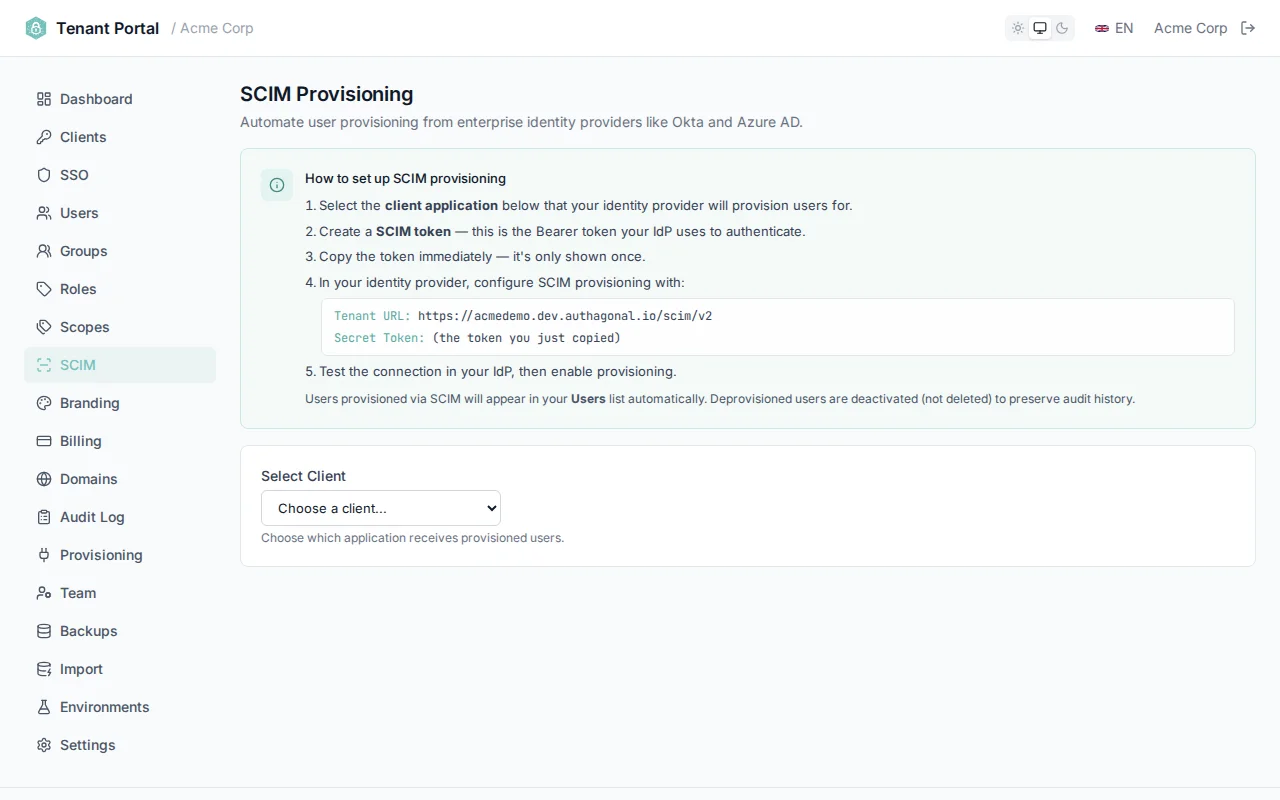 SCIM configuration page showing client selector, token generation form, and base URL