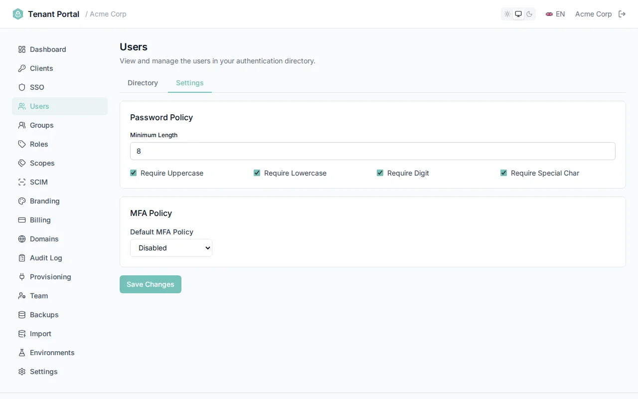 Password policy settings showing minimum length slider and toggle switches for character requirements