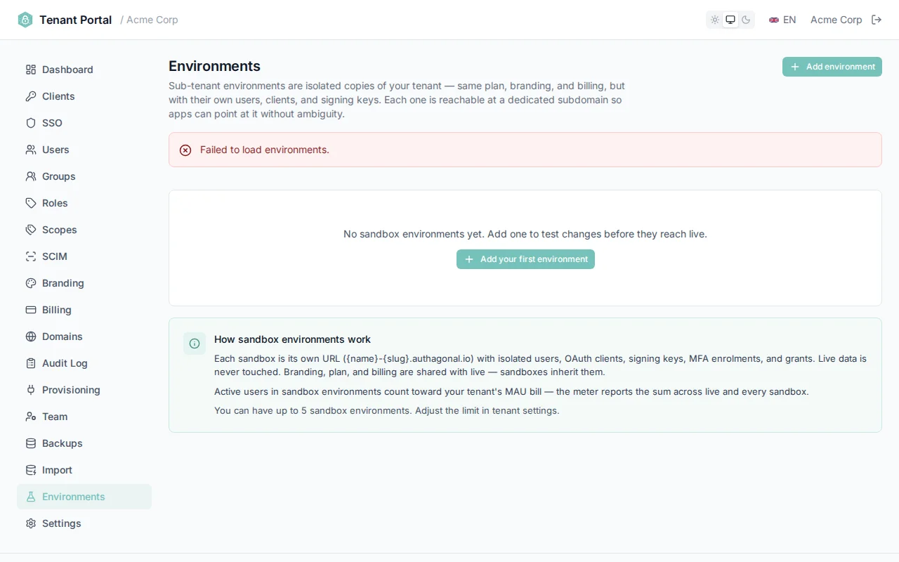 Sandbox settings showing enable/disable toggle, refresh from live button, and sandbox URL display