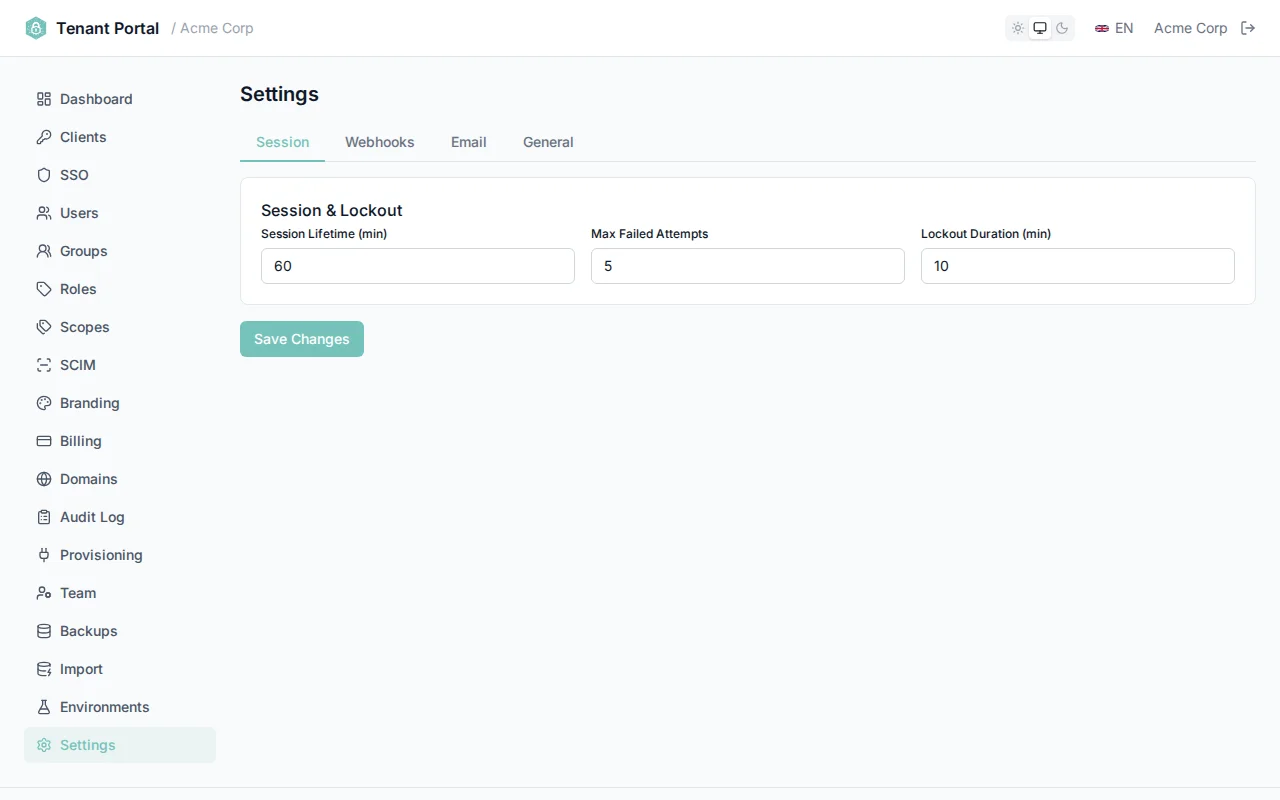 Session and lockout settings with numeric inputs for session lifetime, max failed attempts, and lockout duration
