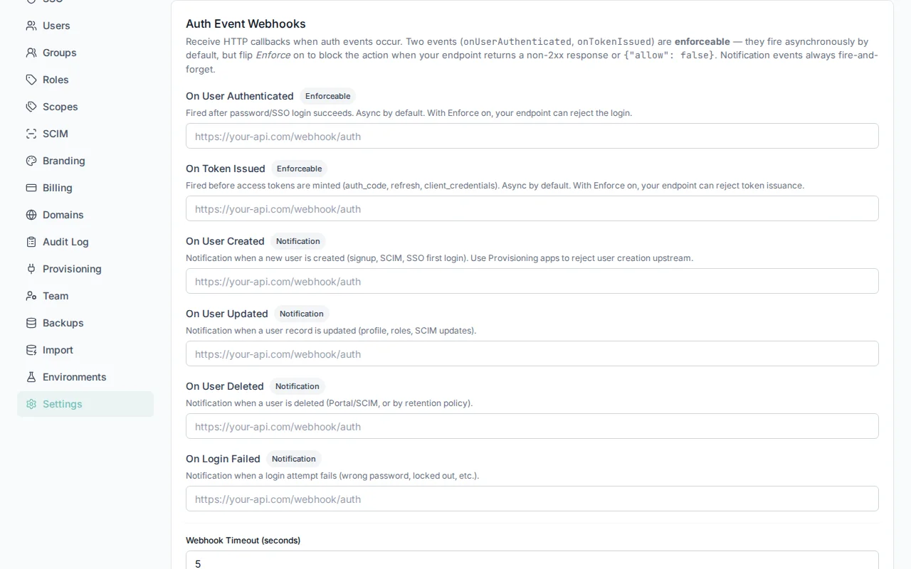 Webhook configuration section showing URL inputs for each event type, timeout slider, and fail-open toggle