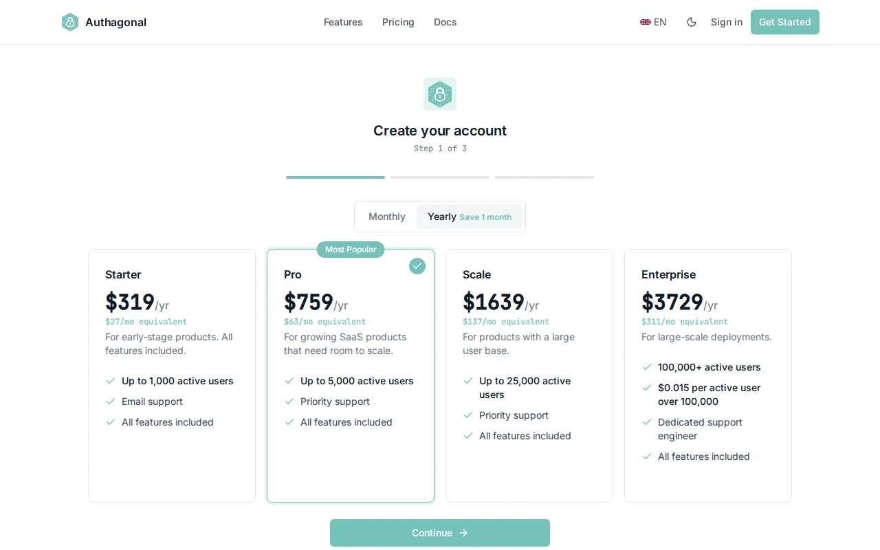 Authagonal signup page showing tenant slug input and email verification