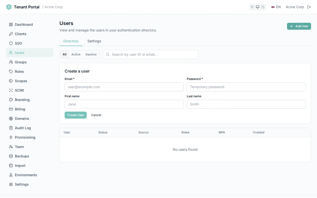 Create user form with email, password, first name, and last name fields