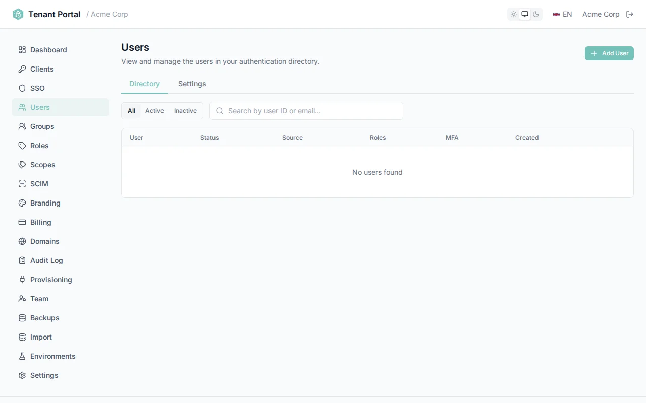 User list table with columns for email, user ID, name, status, MFA, source, and created date